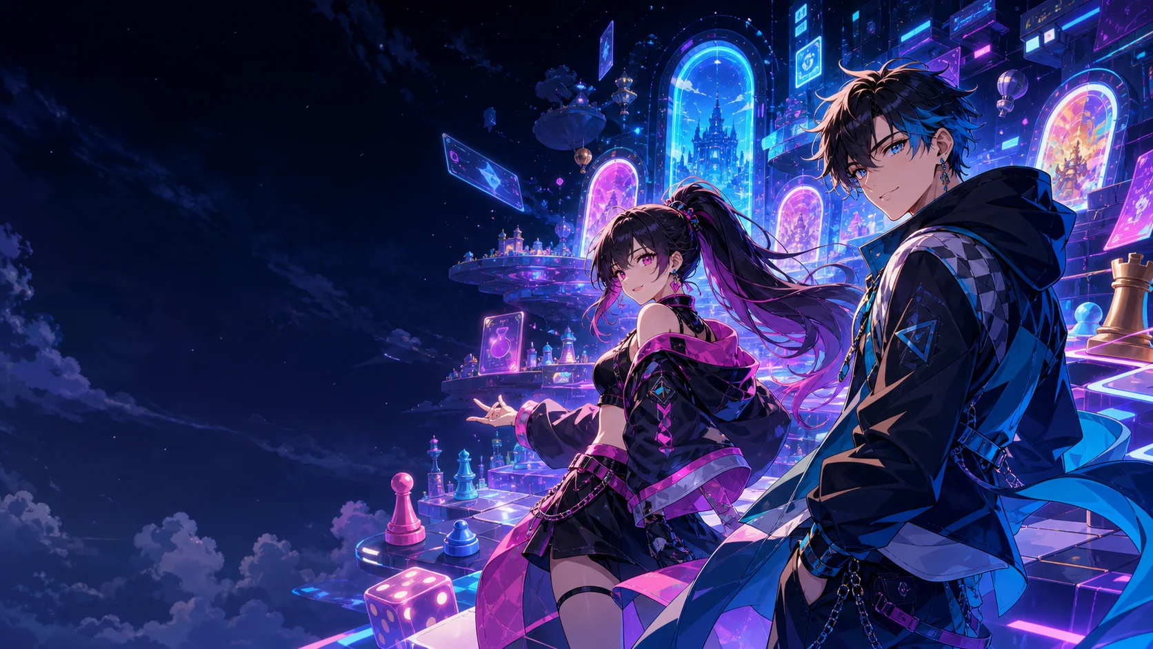 Two anime arcade guides overlooking a neon universe of browser games