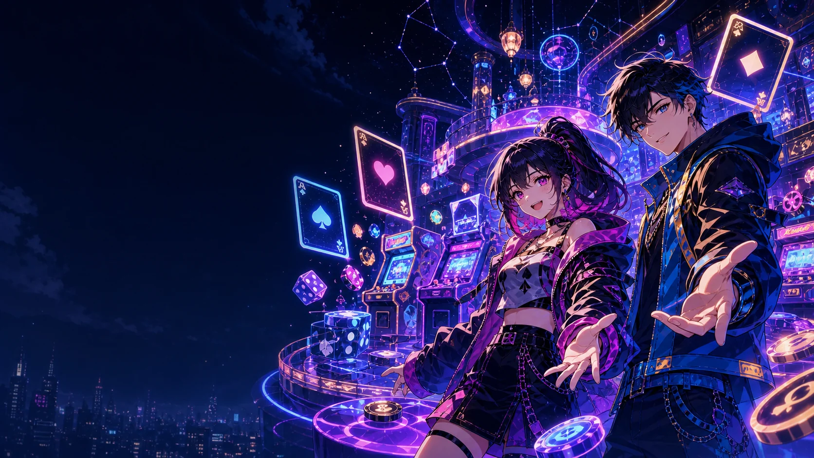 Two anime players inviting visitors into a floating neon card arcade
