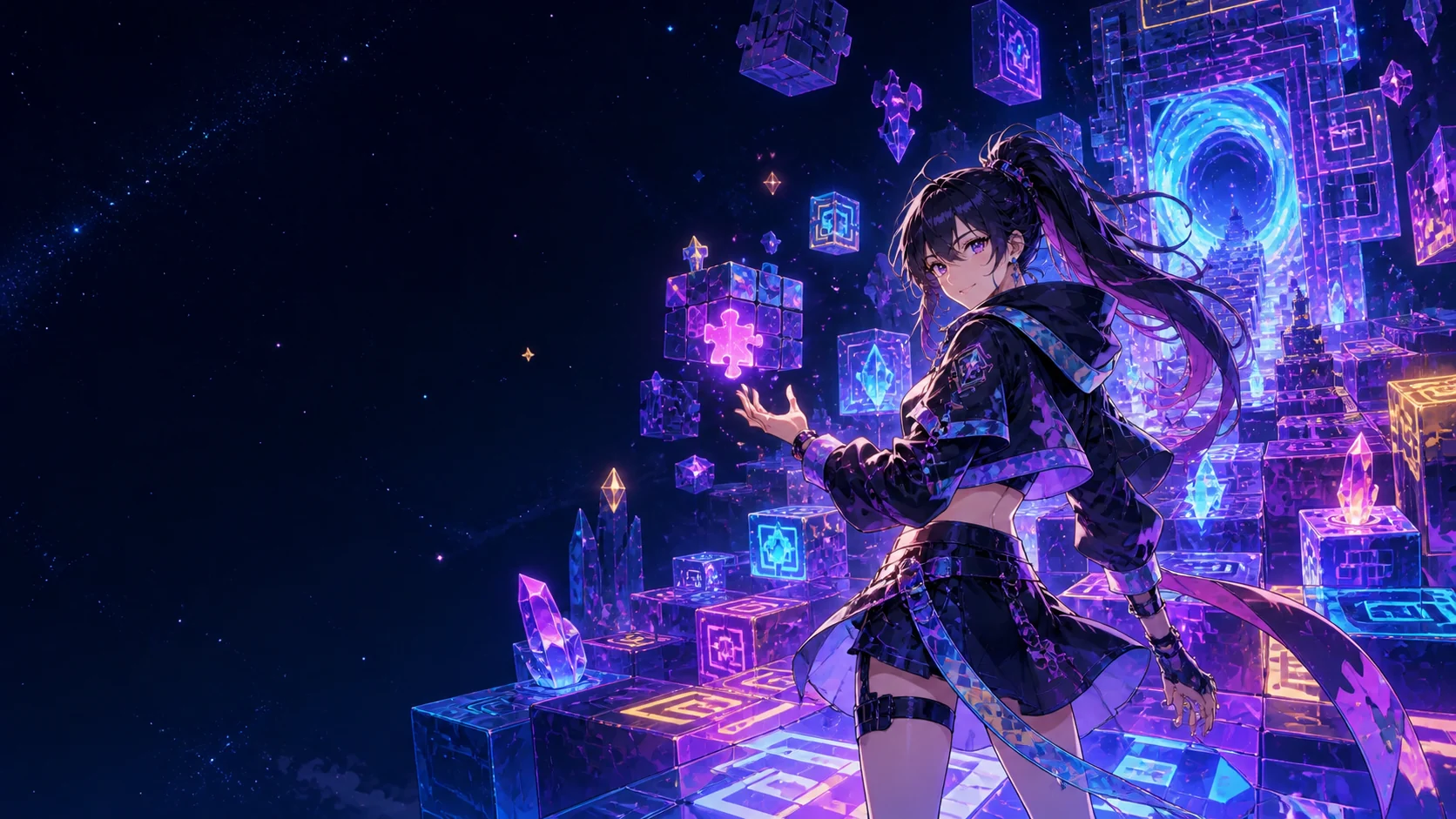 Anime puzzle master surrounded by glowing cubes, crystals, and a dimensional portal